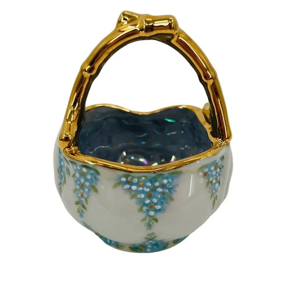 Vintage Hand Painted Blue Floral 24K Gold Small Porcelain/Ceramic Basket